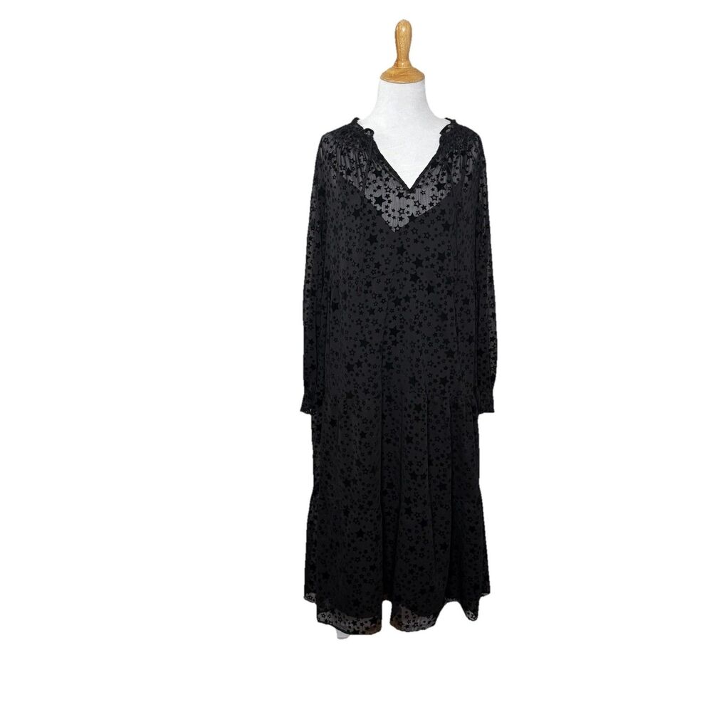 LOFT Tiered Midi Dress Black Stars Velvet Burnout Fairy Goth Whimsy Sz Medium